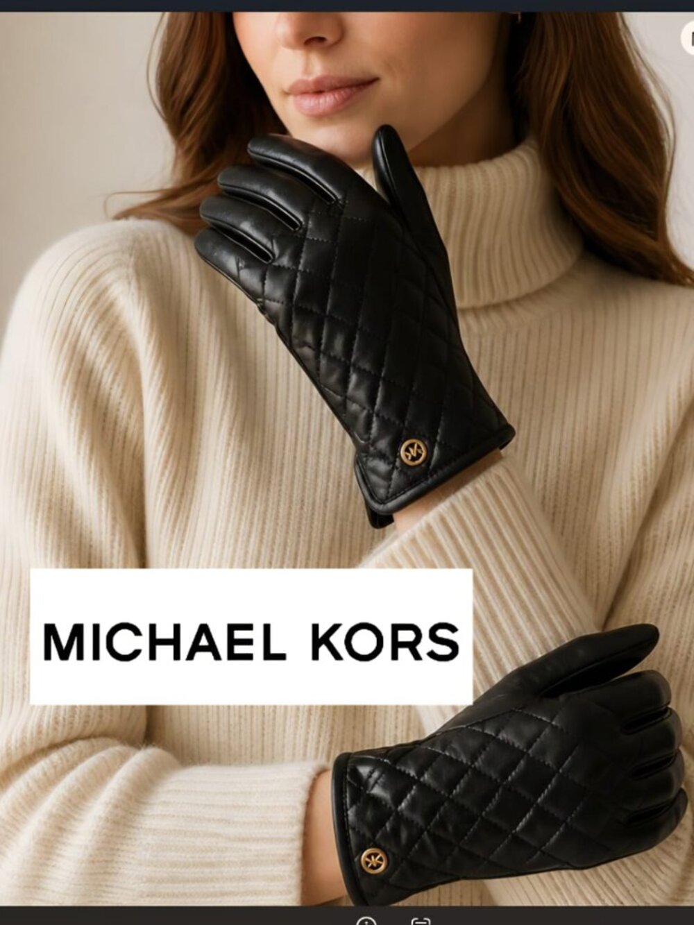 MICHAEL KORS Women's Gloves Black Quilted Genuine Leather Gold MK Logo 🆕🆕🆕
